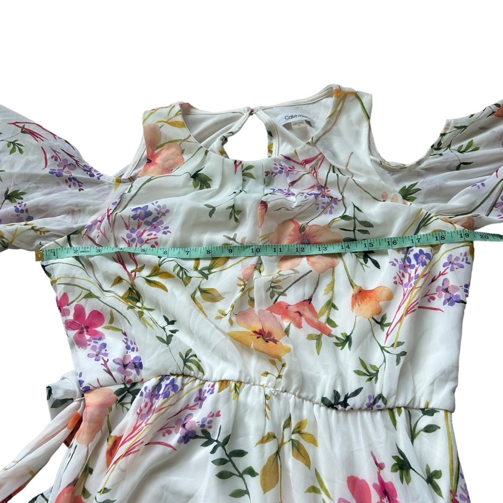 Calvin Klein flutter sleeve cold shoulder white floral chiffon maxi dress 12 - Picture 8 of 10